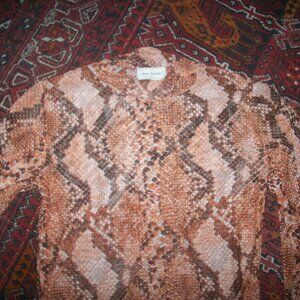 Women’s Mesh Snake Print Top S Slim Fit Brown Long Sleeves Sheer Mock Neck VTG